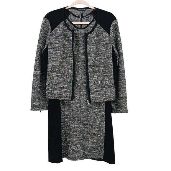 Eileen Fisher Tweed Jacket Dress Suit Set Medium Black Gray Officecore Business - Picture 1 of 16